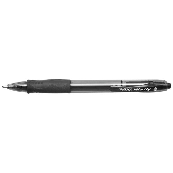 A close-up of a Bic Velocity black pen with silver accents.