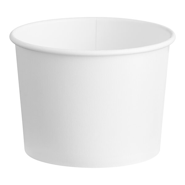 A close-up of a white Choice paper food cup with a lid.