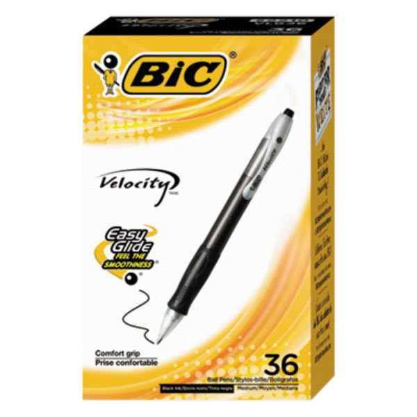 A box of 36 black Bic Velocity ballpoint pens with black barrels.