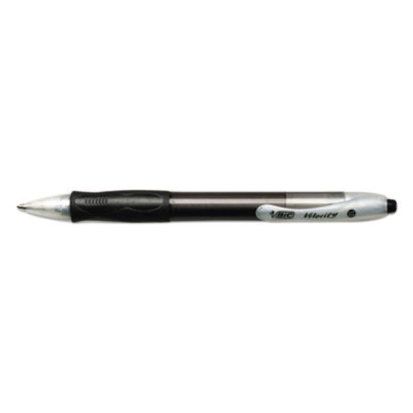 A close-up of a black and silver Bic Velocity pen.