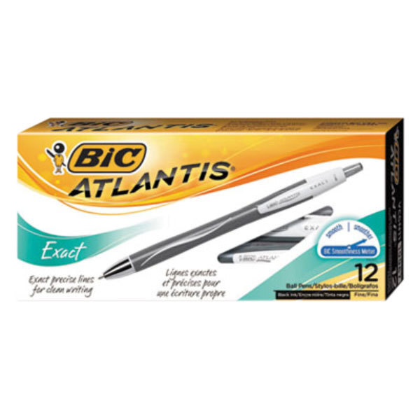 A box of 12 Bic Atlantis Exact black ink pens with black barrels.