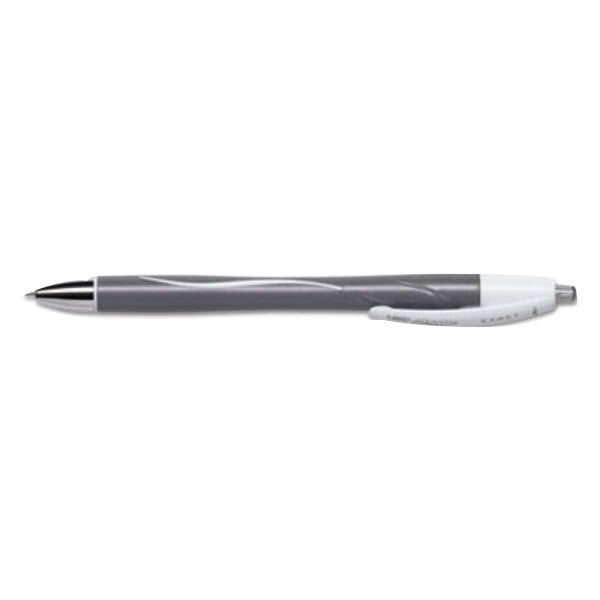 A close-up of a Bic Atlantis Exact black ballpoint pen with black and silver accents.