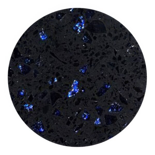 A black circle with blue and black speckled Art Marble Furniture Blue Galaxy Quartz Tabletop.