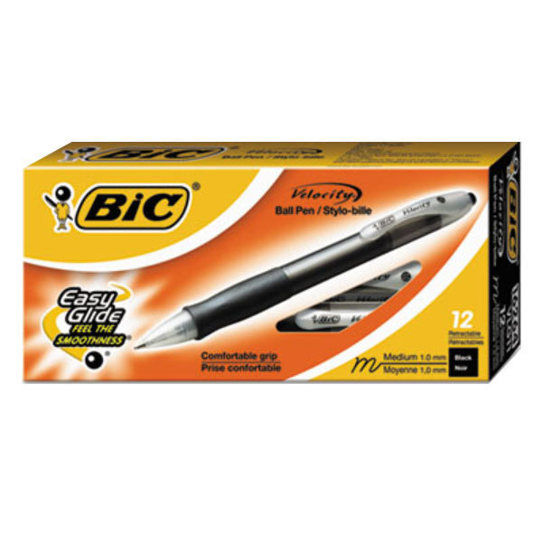 A black box of 12 Bic Velocity black ballpoint pens.