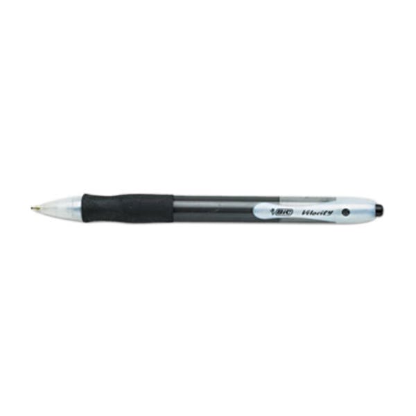 A close-up of a black Bic Velocity pen with black ink and a black barrel.