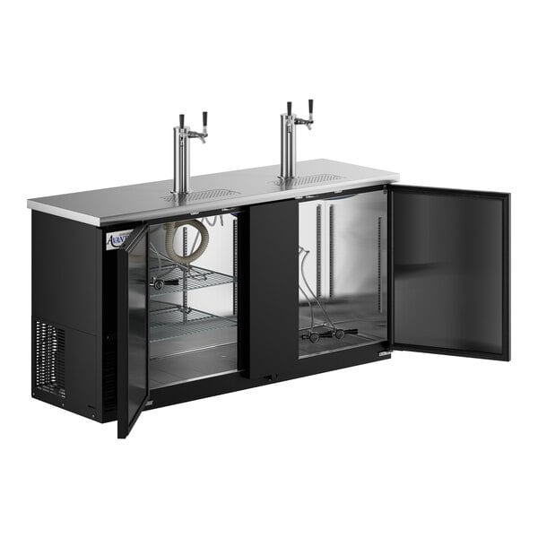 A black Avantco beer dispenser with two tap towers.