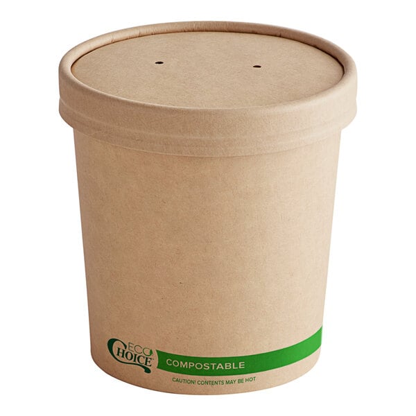 An EcoChoice Kraft paper food container with a vented lid.