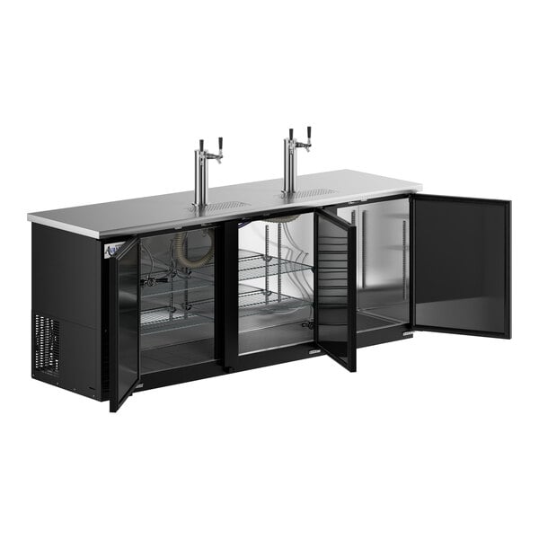 A black Avantco beer dispenser with two doors and silver taps.