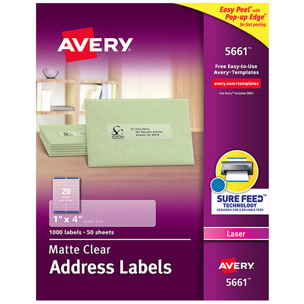 A package of Avery clear matte address labels.