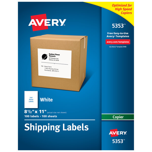 A brown box of Avery white labels with a white label on the front.