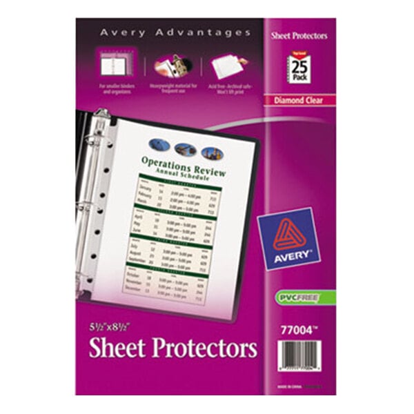 A package of 25 Avery Diamond Clear Half Letter Sheet Protectors with a purple and white label.