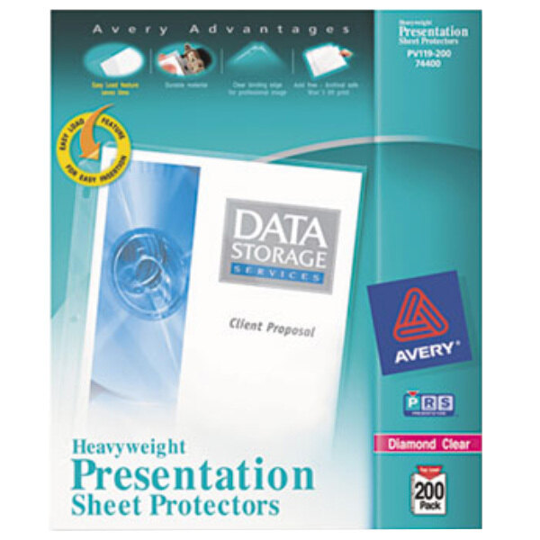 A box of Avery Diamond Clear Heavy Weight Top-Load Sheet Protectors.