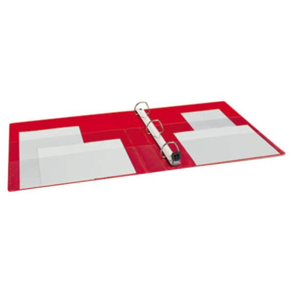 An Avery red heavy-duty view binder with white paper on it.