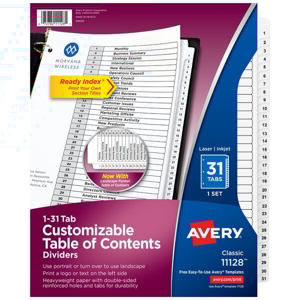 A close-up of a blue and white Avery® customizable table of contents with white text.