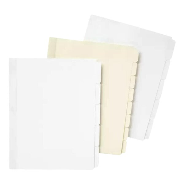 A white rectangular object with a black border and 5 tabs, with three white folders behind it.