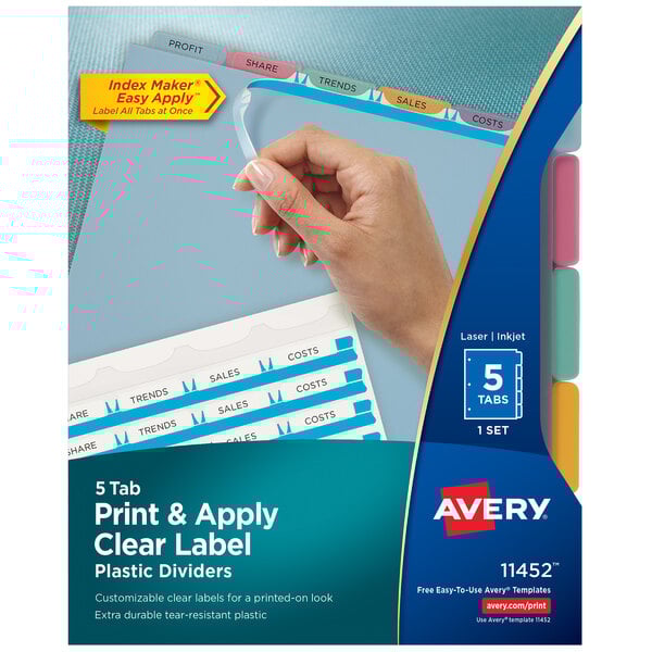 A hand holding a box of Avery Index Maker plastic dividers with clear labels.