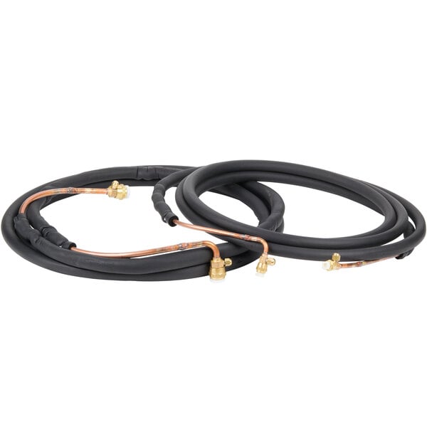 A black and gold cable with two black and gold wire hoses.