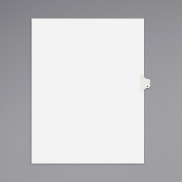 A white rectangular paper tab with a black letter on a white background.
