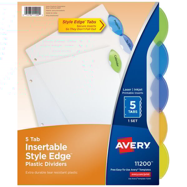 A package of Avery translucent plastic dividers with blue and green tabs.