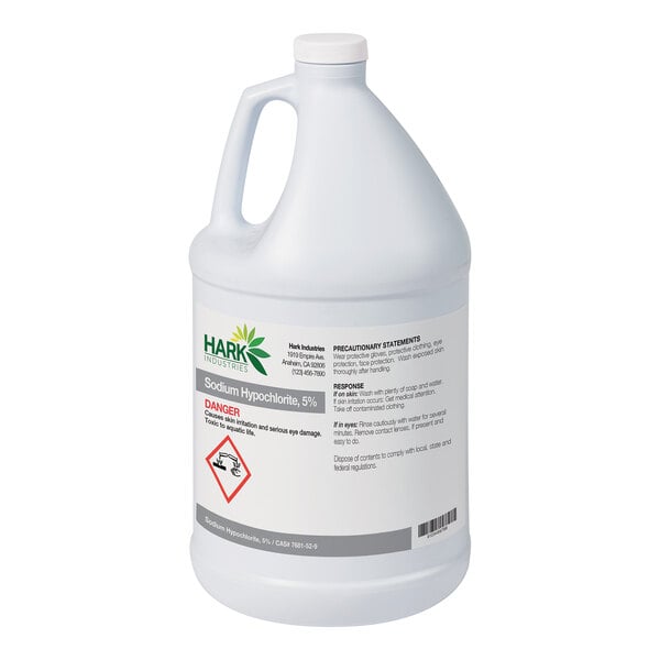 A large white plastic jug with a handle and a label indicating it contains sodium hypochlorite, 5%, with hazard warnings and precautionary statements.