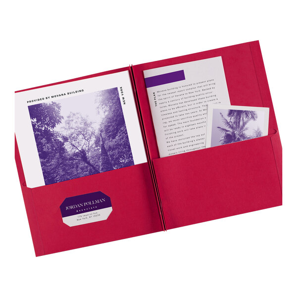 A red Avery paper folder with a picture inside.