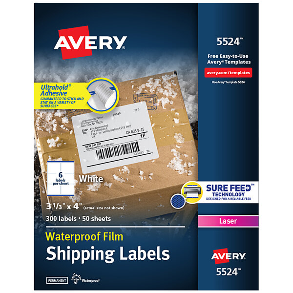 A box of Avery 5524 water-resistant white shipping labels.