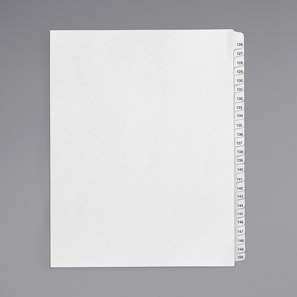 A white file with Avery Allstate-Style legal exhibit dividers with numbers on white paper.