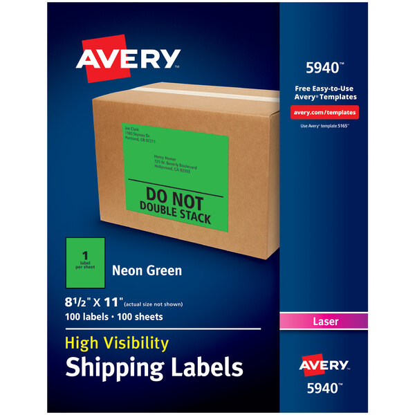 A brown box with a green label that says "Avery Neon Green Shipping Labels"