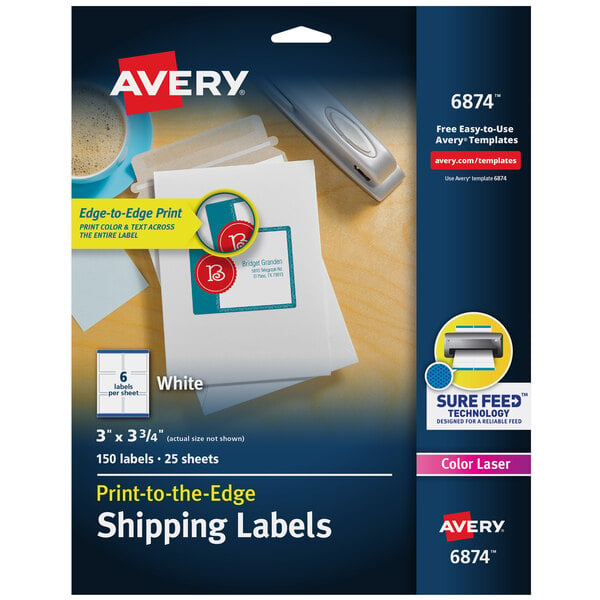 A package of Avery white print-to-the-edge shipping labels.