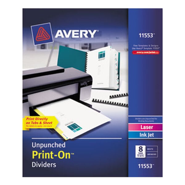 A package of Avery Print-On 8-Tab Unpunched White Divider Set.