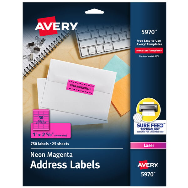 A box of Avery neon pink ID labels with white background.