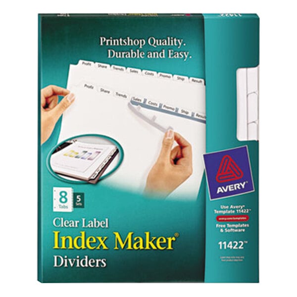 A box of Avery 11422 Index Maker 8-tab white divider sets with a blue square and red triangle logo.