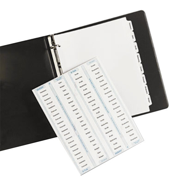 A black binder with Avery white dividers and white paper.
