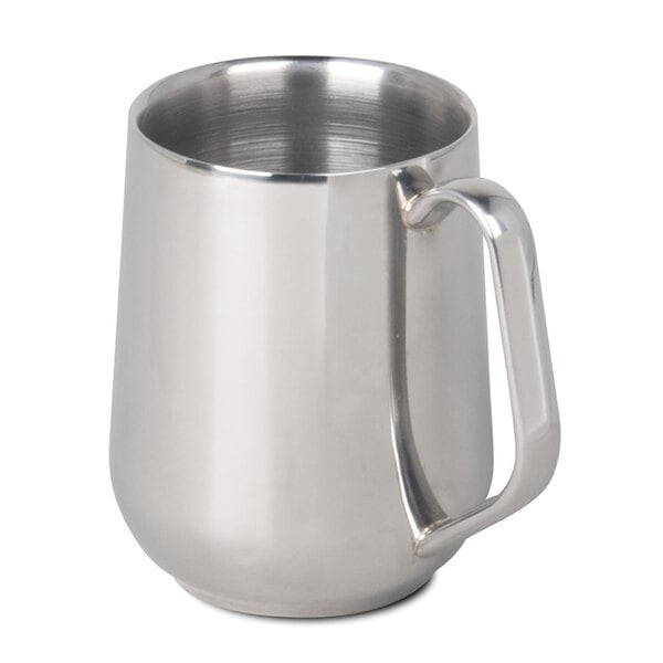 A silver Bunn stainless steel mug with a handle.