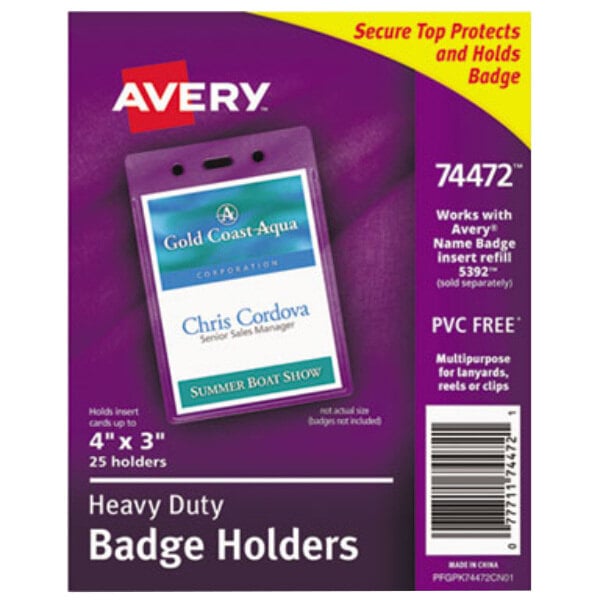 A package of 25 purple and white Avery heavy-duty badge holders.