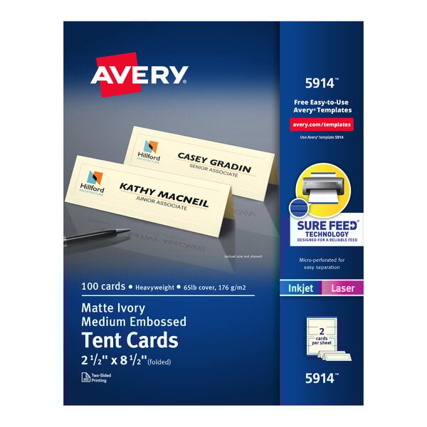 Avery® 5914 2 1/2" x 8 1/2" Ivory Medium Embossed Tent Cards - 100/Box