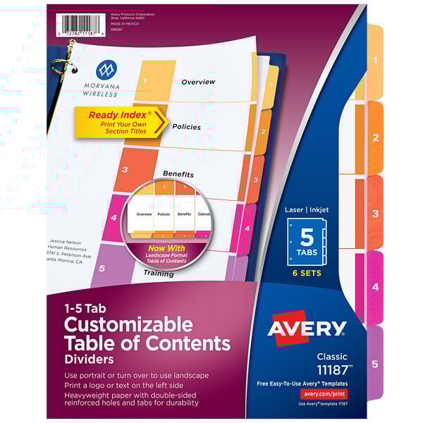 A package of 6 Avery® 5-tab color-coded table of contents dividers with blue and orange rectangular labels with white text.
