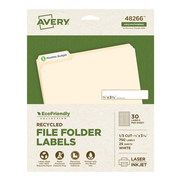 Avery® 48266 EcoFriendly 2/3" x 3 7/16" White 1/3 Cut Top Tab File Folder Labels - 750/Pack