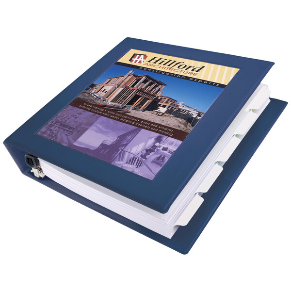 A navy blue Avery heavy-duty binder with a framed view cover over a picture of a house.