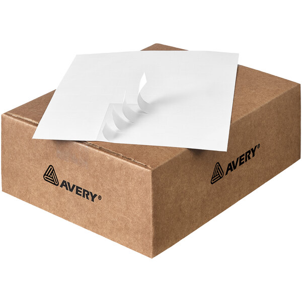 A cardboard box of 100 sheets of Avery white mailing address labels.