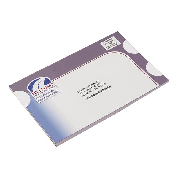 A rectangular envelope with a purple and white design, featuring printed address labels and a logo in the corner.
