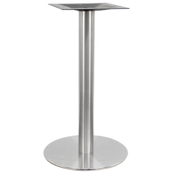 A round stainless steel bar height table base.