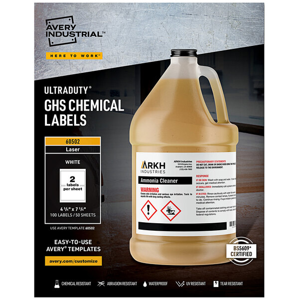 A plastic jug of Avery UltraDuty GHS Chemical labels on a box.