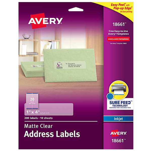 A package of Avery matte clear inkjet address labels with a white background.