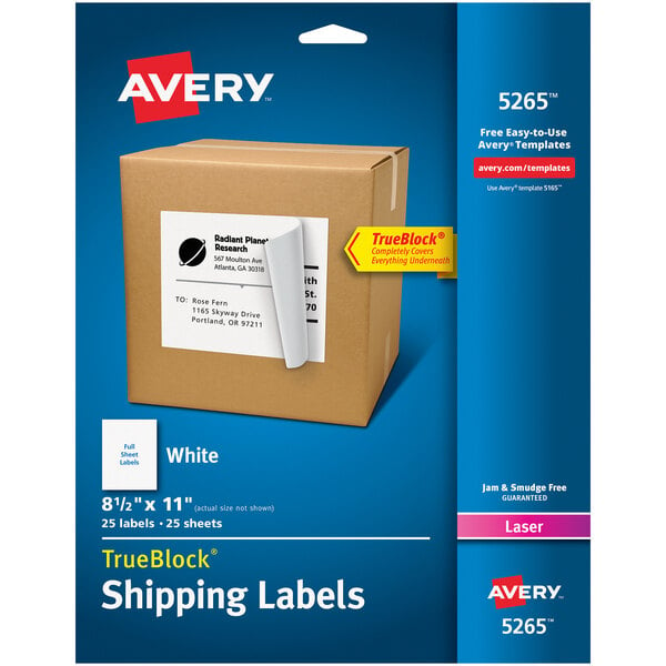 A package of Avery white shipping labels with a white background.