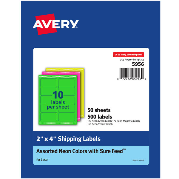 A blue package of Avery Mailing & Shipping Labels in blue, green, and pink neon colors with white text.