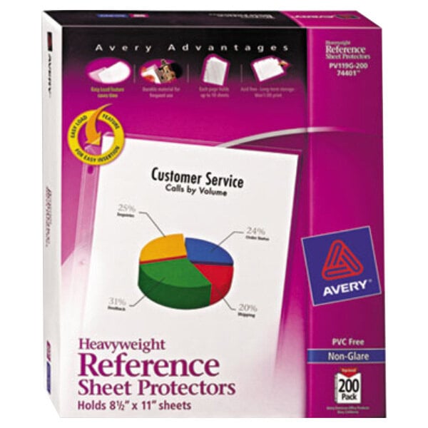 A purple box of Avery sheet protectors with a yellow and black logo.