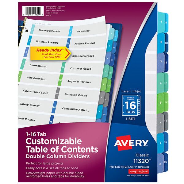 A blue and white box of Avery® customizable multi-color tab dividers with a blue and white label.