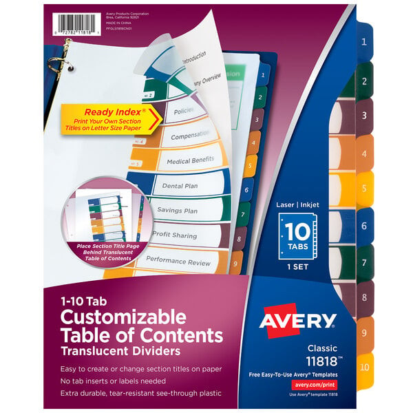 Avery® customizable plastic table of contents dividers with multi-color tabs.