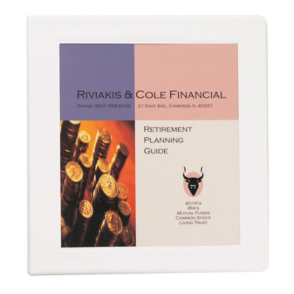 A white Avery heavy-duty binder with a framed view cover featuring a retirement planning guide.